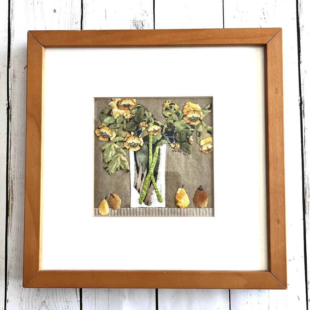 Fabric Collage by Wilda Northrop Yellow Flowers & Pear Signed Textile Art Floral